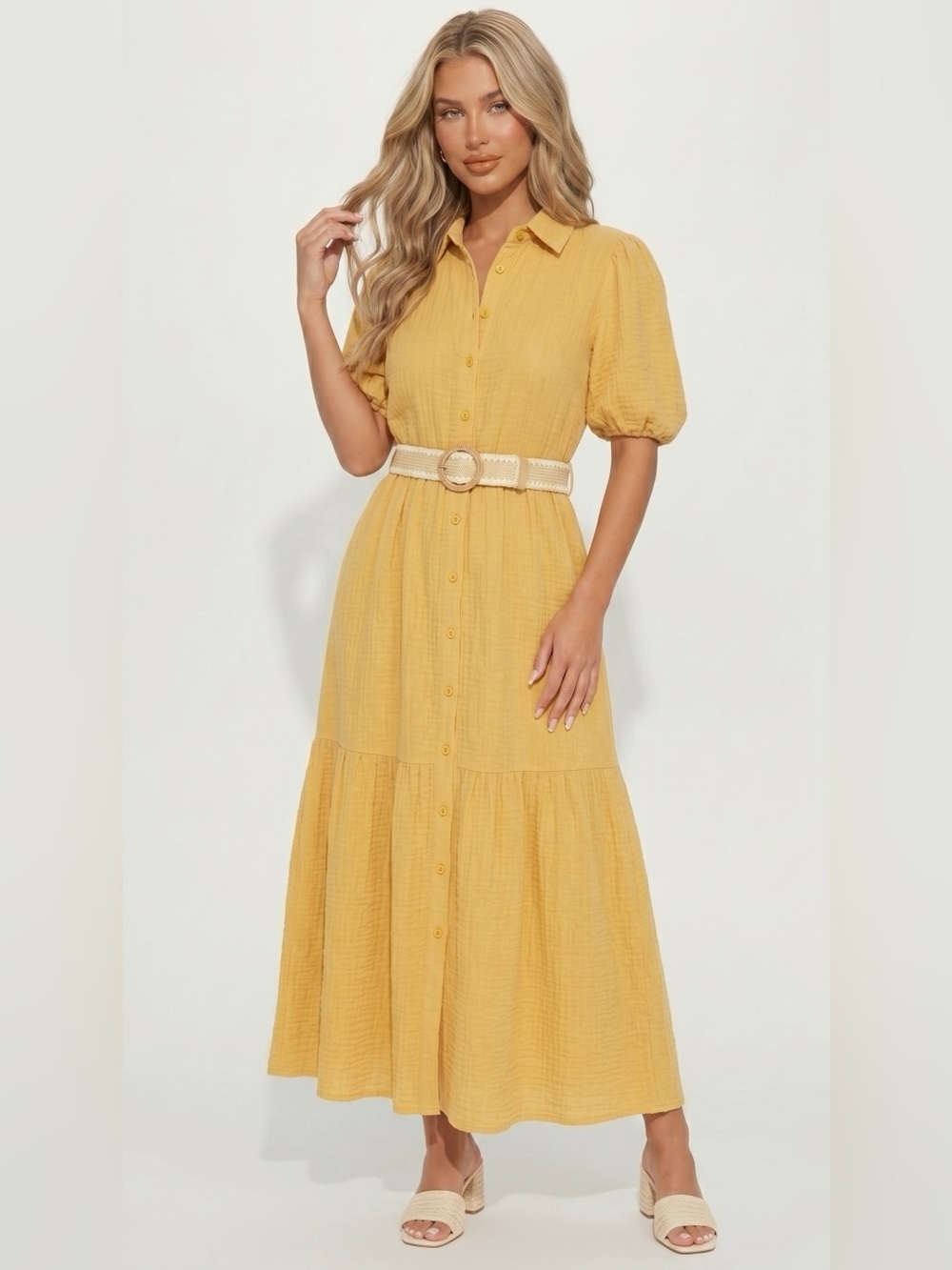 Fashion Nova Mustard Button-Front Maxi Dress